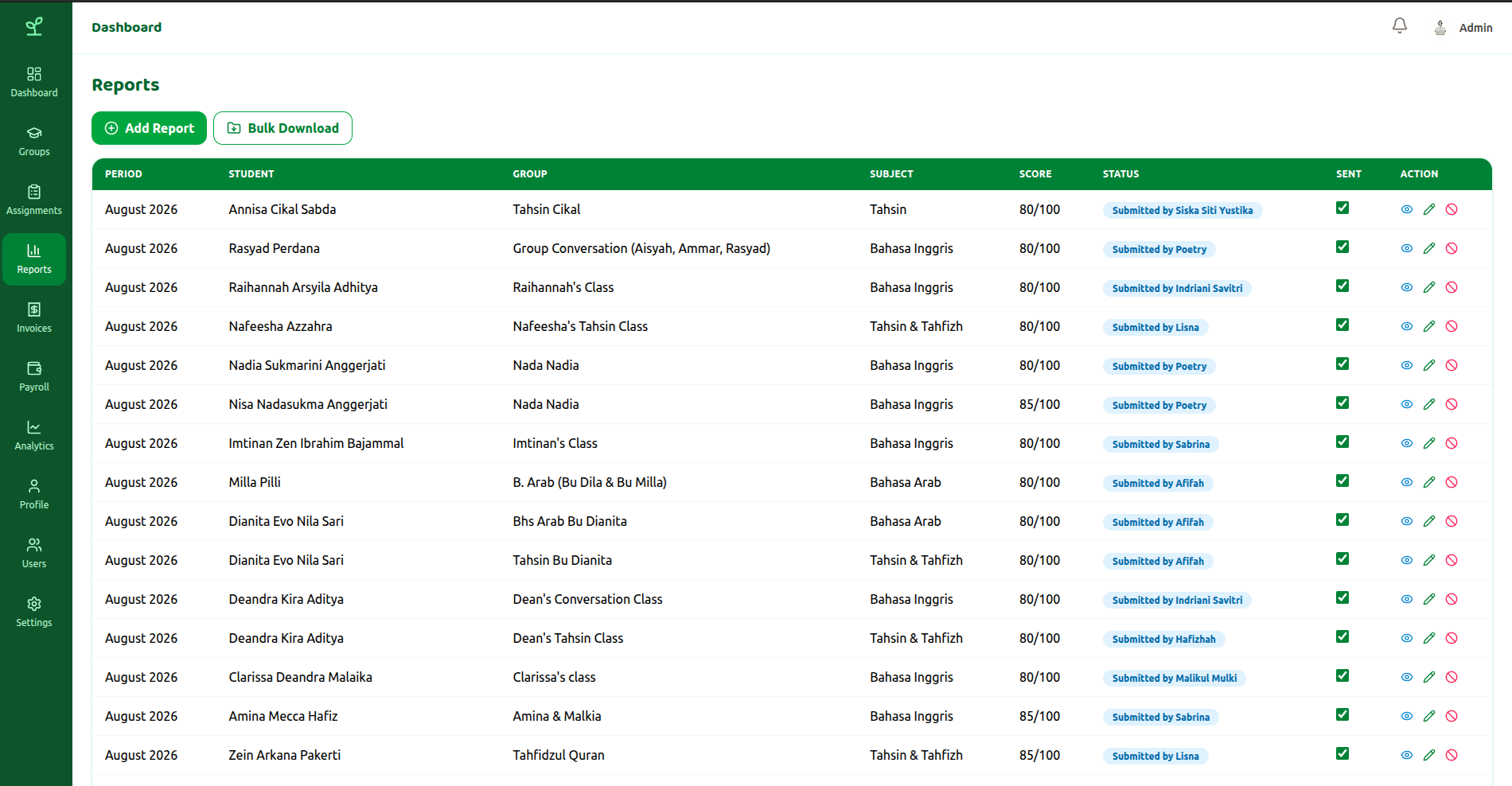 Daftar laporan belajar pelajar di dashboard Ihsanify