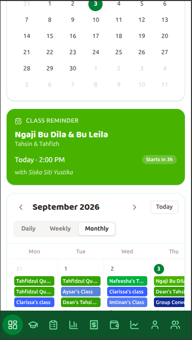 Dashboard dan jadwal kelas di ponsel