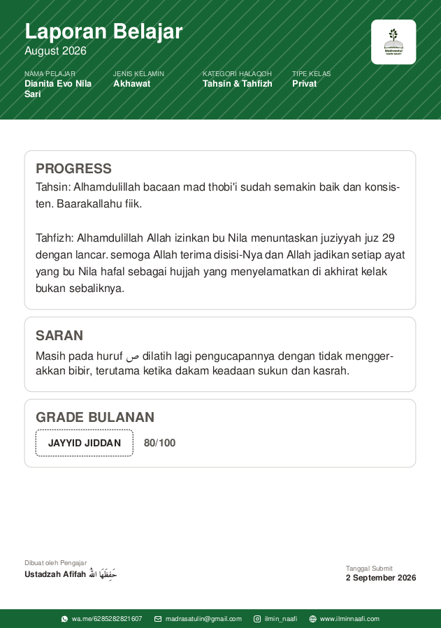 Isi laporan belajar — progress dan saran dari pengajar