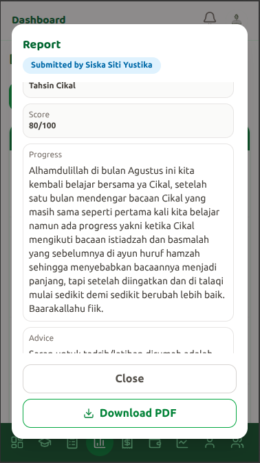 Laporan belajar bulanan di ponsel